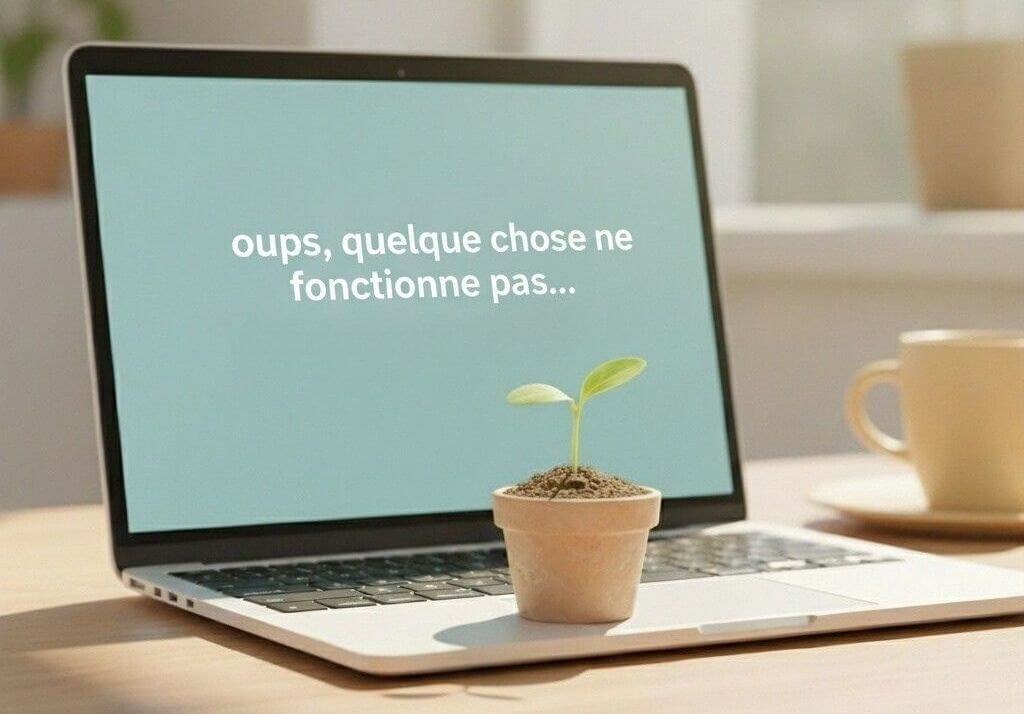 oups, quelque chose ne fonctionne pas, affiché sur l'écran d'un ordinateur portable. Un bourgeon en pot est posé sur le clavier.