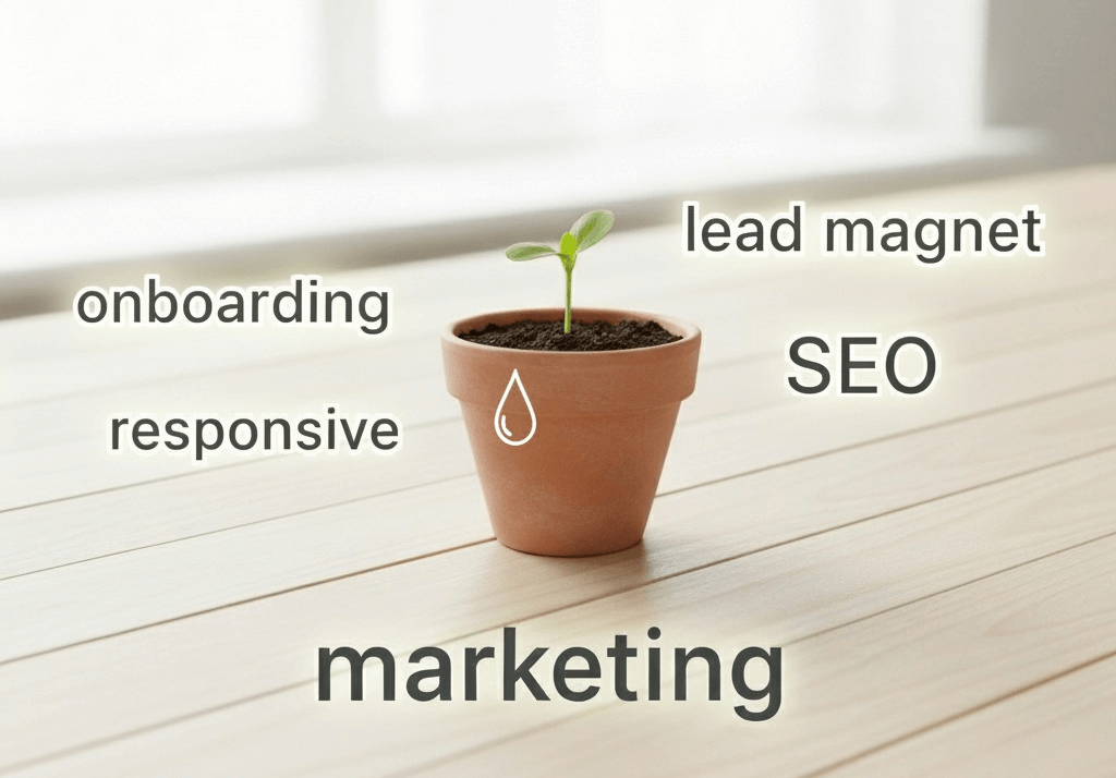 Un pot en terre avec un bourgeon planté, autour de lui les mots lead magnet, seo, responsive, onboarding et marketing