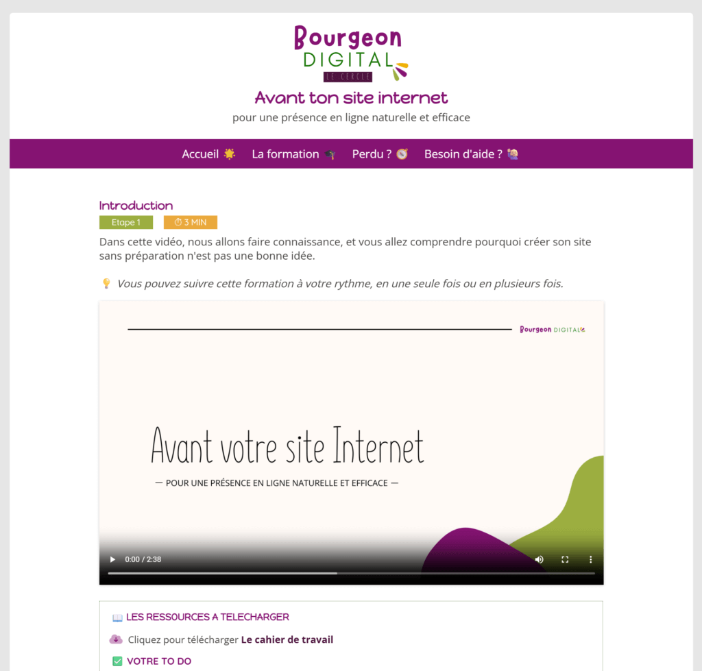 Vue de la plateforme de formation du Cercle du Bourgeon digital
